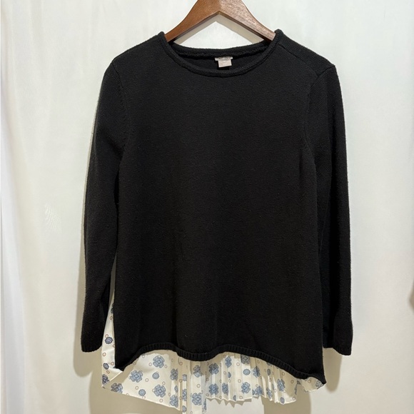 Chico's Black & Floral Knit Cotton‎ Pleated Sweater Blouse XL P - Picture 2 of 7